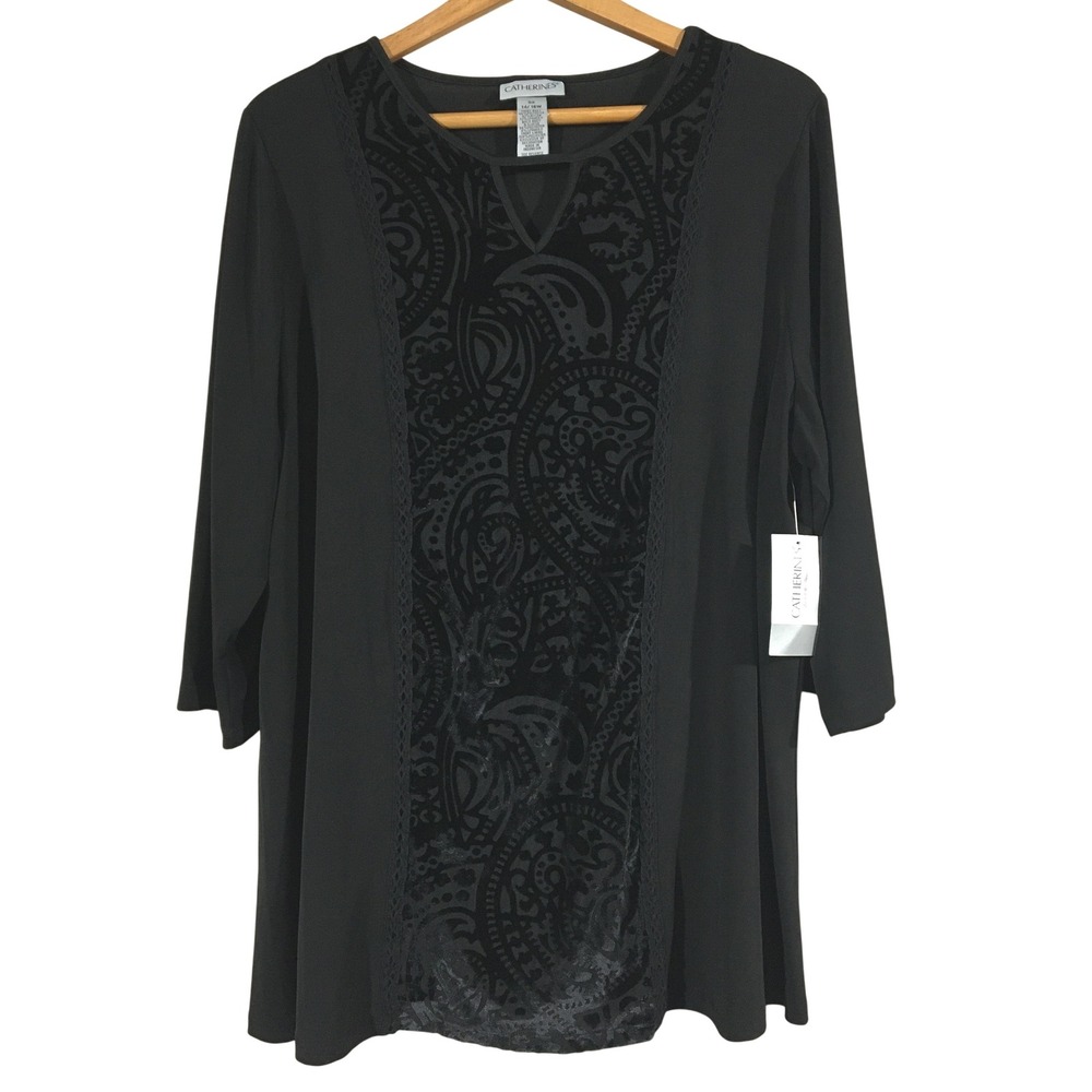 Catherine's Black Paisley Velvet Burnout Long‎ Sleeve Top Plus Size 14 16 W